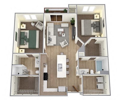 Floor plan for 2 beds, 2 baths, 1057 sqft